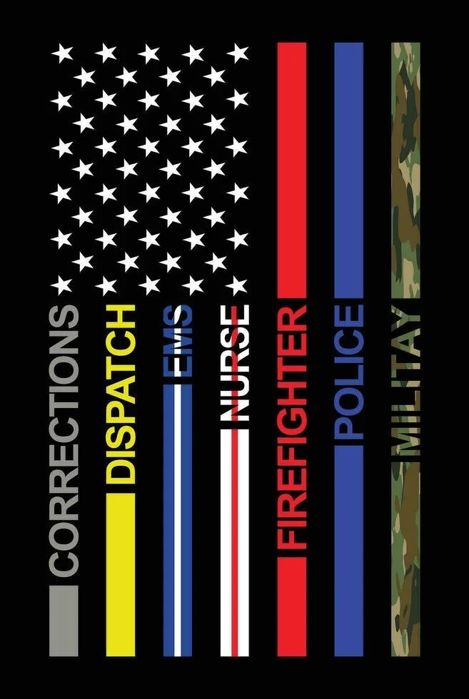 Barred American flag with white stars and black background, with colored stripes labeled 'Corrections', 'Dispatch', 'Injury', 'Firefighter', 'Police', and 'Military'.
