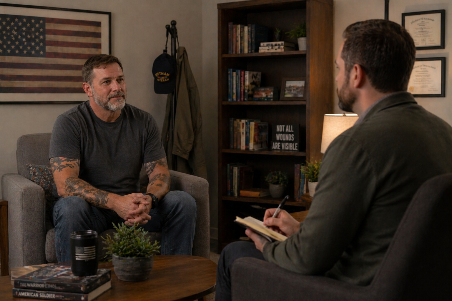 A man with a beard, tattoos, and a gray shirt sits on a gray armchair during a conversation with a therapist, who is taking notes. The room has a bookshelf, a lamp, and framed certificates or awards on the wall.