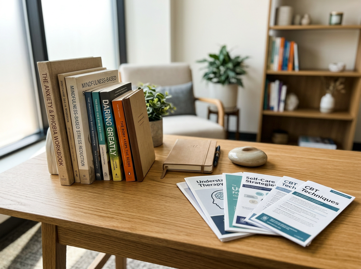 A desk with several books on mental health and well-being, notebooks, informational pamphlets on therapy and self-care strategies, a small decorative stone, and a potted plant. In the background, there is a chair, a bookshelf, and a window letting in natural light.