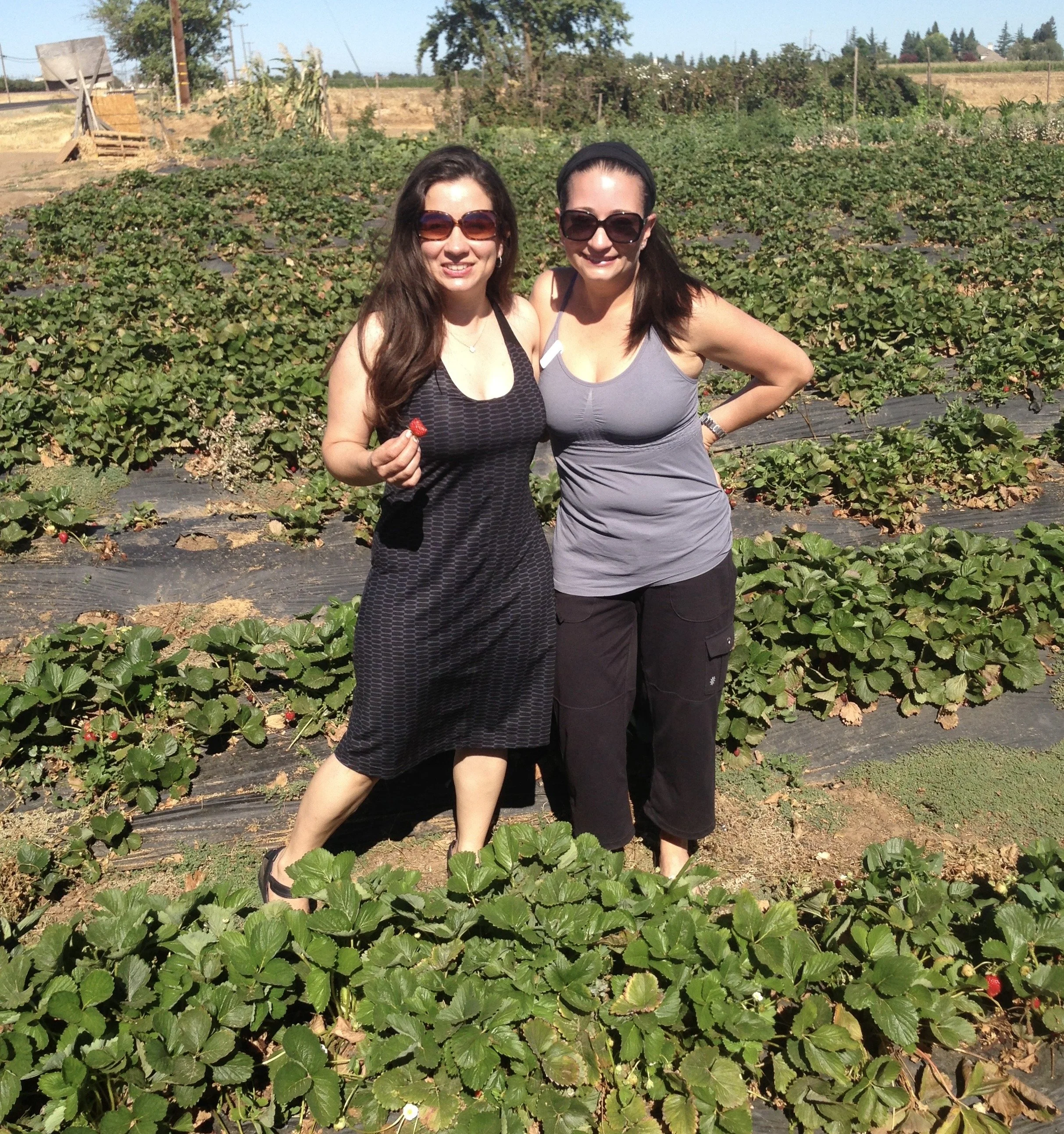Two women wearing sunglasses and sleeveless tops stand in a strawberry field, smiling at the camera, with rows of strawberry plants around them under a clear sky.