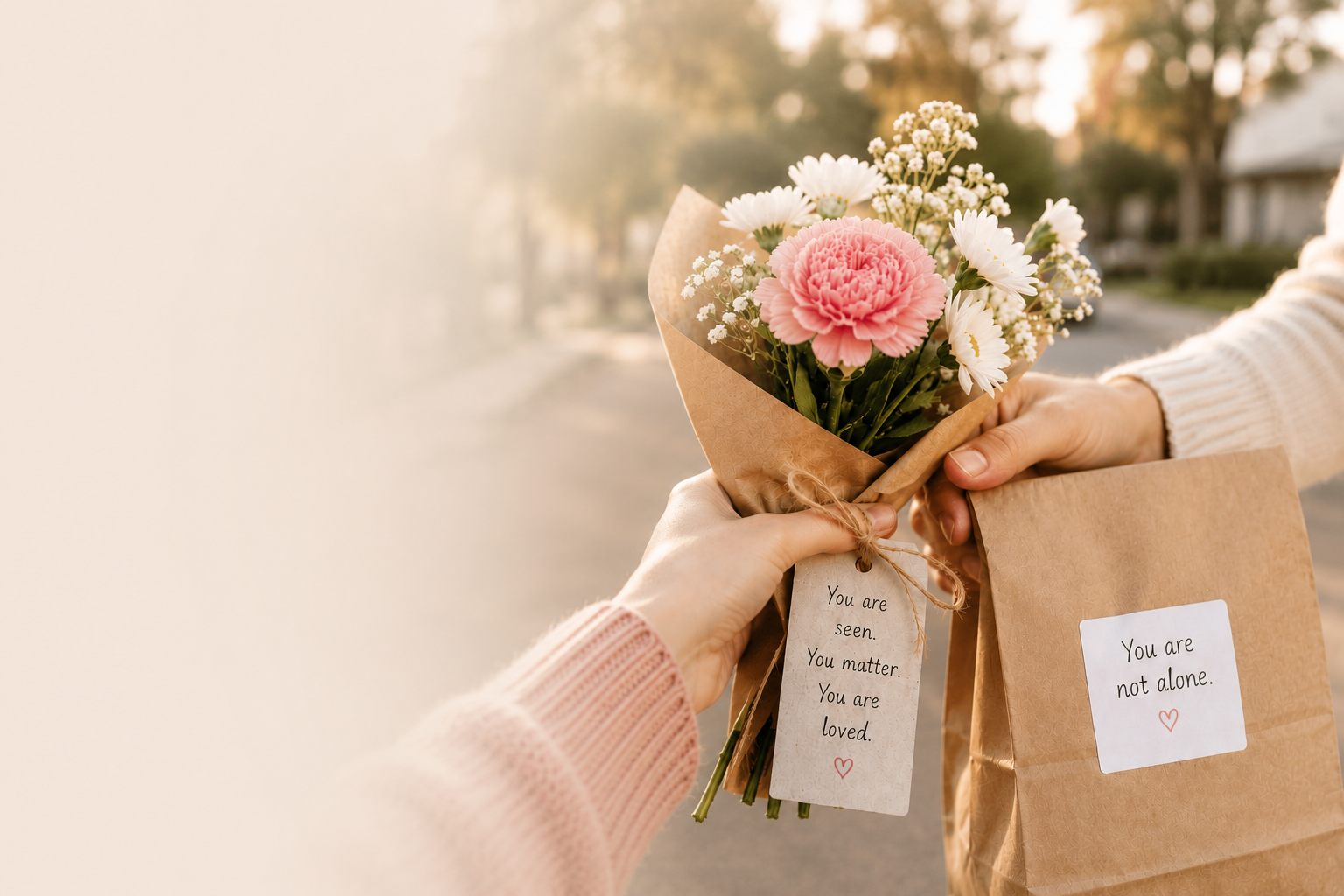 Person giving a small bouquet of pink and white flowers to another person, with a brown paper gift bag with a note saying 'You are not alone.'