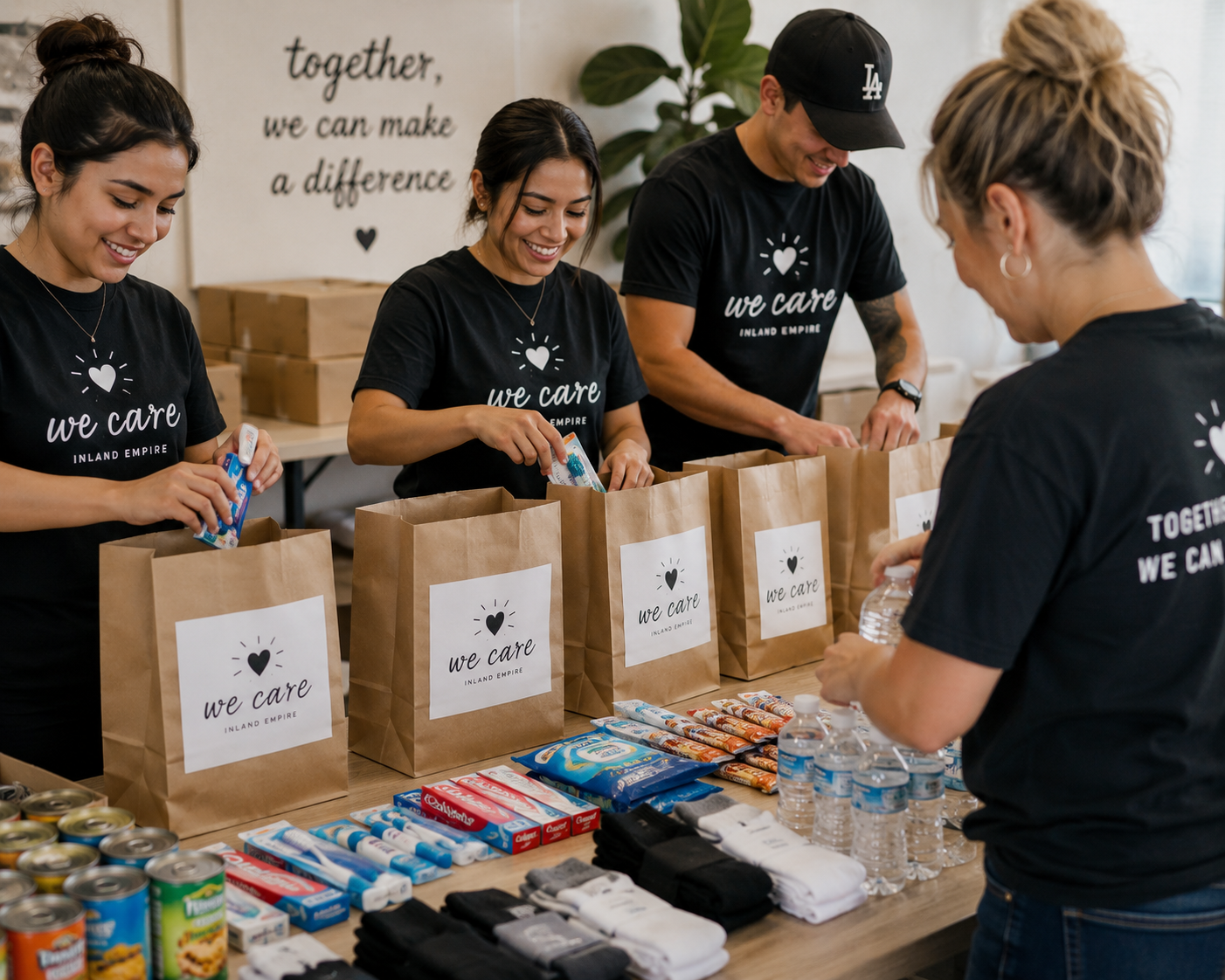 People packing care packages with snacks and supplies at a table with brown paper bags labeled "We care, Inland Empire". They are wearing black T-shirts with the same message.