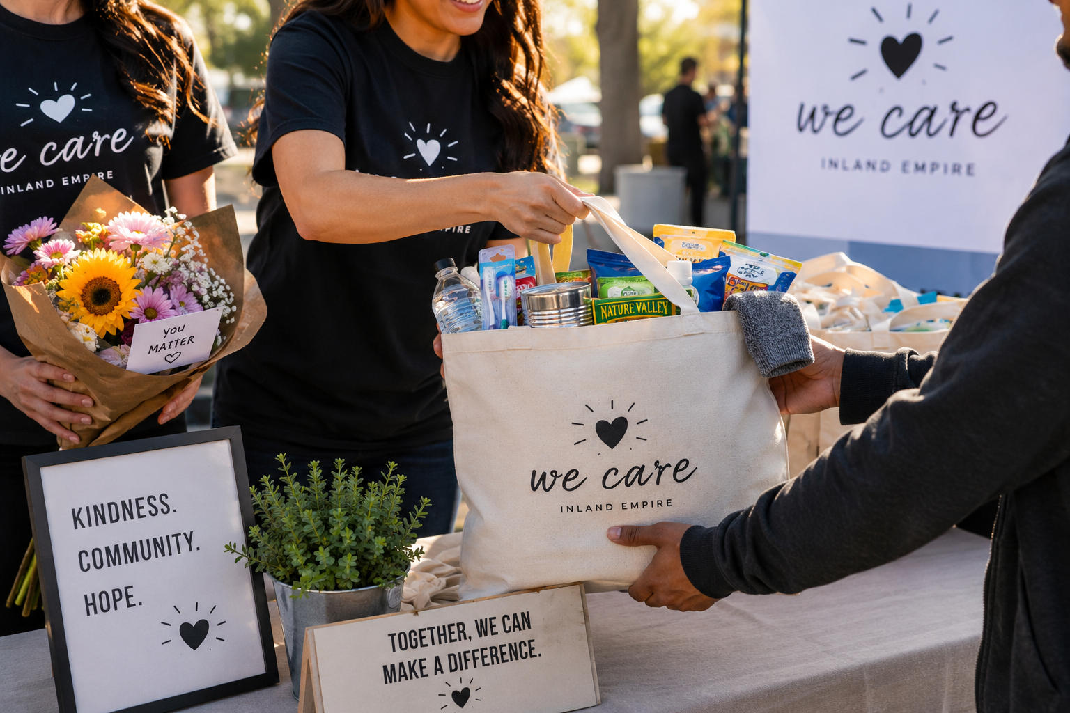 People volunteering at a community care event, handing over a bag of supplies. One person holds a bouquet of flowers with a note saying "YOU MATTER". The table has signs with messages like "KINDNESS. COMMUNITY. HOPE." and "TOGETHER, WE CAN MAKE A DIFFERENCE."
