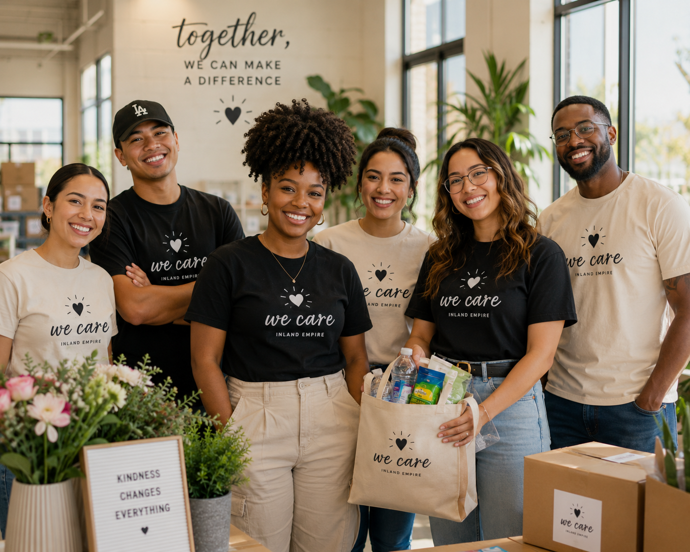 Group of six diverse volunteers smiling for a photo, wearing t-shirts that say 'we care' in a community center or care facility, with flowers, a sign about kindness, and donation items on the table.