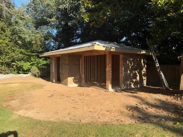 Framed detached home office under construction in Tigard, Oregon, ready for electrical rough-in