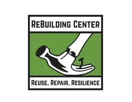 Logo for Rebuilding Center featuring a hand holding a shoe with the text Rebuilding Center and the tagline Reuse, Repair, Resilience.