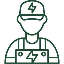 Line drawing of a technician wearing a helmet with a lightning bolt, safety goggles, and a vest with a lightning bolt symbol, holding a clipboard.