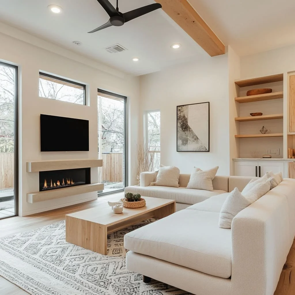Modern living room with a white sofa, wooden coffee table, fireplace, wall-mounted TV, abstract artwork, built-in wooden shelves, and large windows with a view of trees outside.