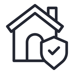 Outline of a house with a shield and checkmark in front of it, symbolizing home protection or security.
