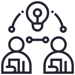 Icon of two people connected with a light bulb above them, representing collaboration or idea sharing.