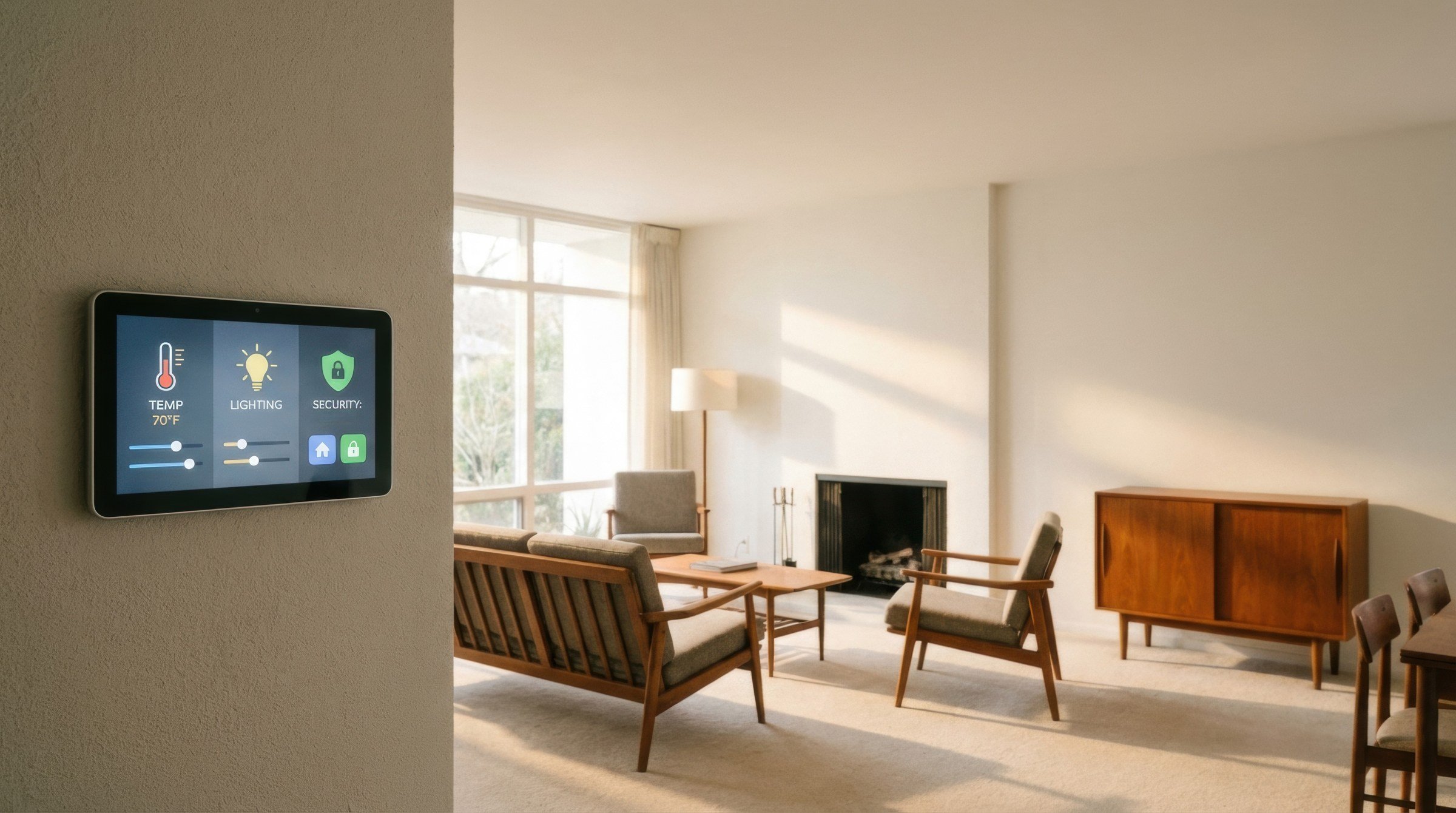 Smart thermostat mounted on wall in living room with large windows, beige walls, mid-century furniture, and a fireplace.