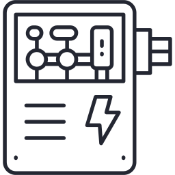 Outline drawing of an electric meter with circuit diagram symbols and a lightning bolt.