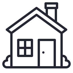 Simple line drawing of a house with a pitched roof, a front door, a window, a chimney, and a small flag on the roof.