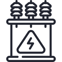 Line drawing of electrical transformers and a warning symbol.