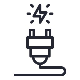Outline of a plug with a lightning bolt inside and an electrical cord extending down.