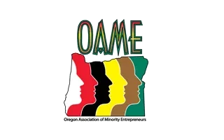 Logo with the word 'OAME' above silhouettes of four faces in profiles, in red, black, yellow, and green.