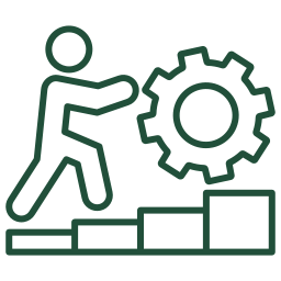 An outline of a person walking up stairs towards a large gear.