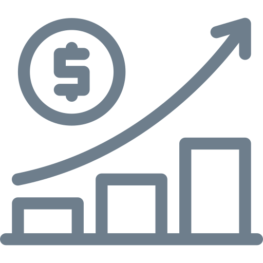 A line graph showing increasing financial growth with ascending bars and a dollar sign at the top.