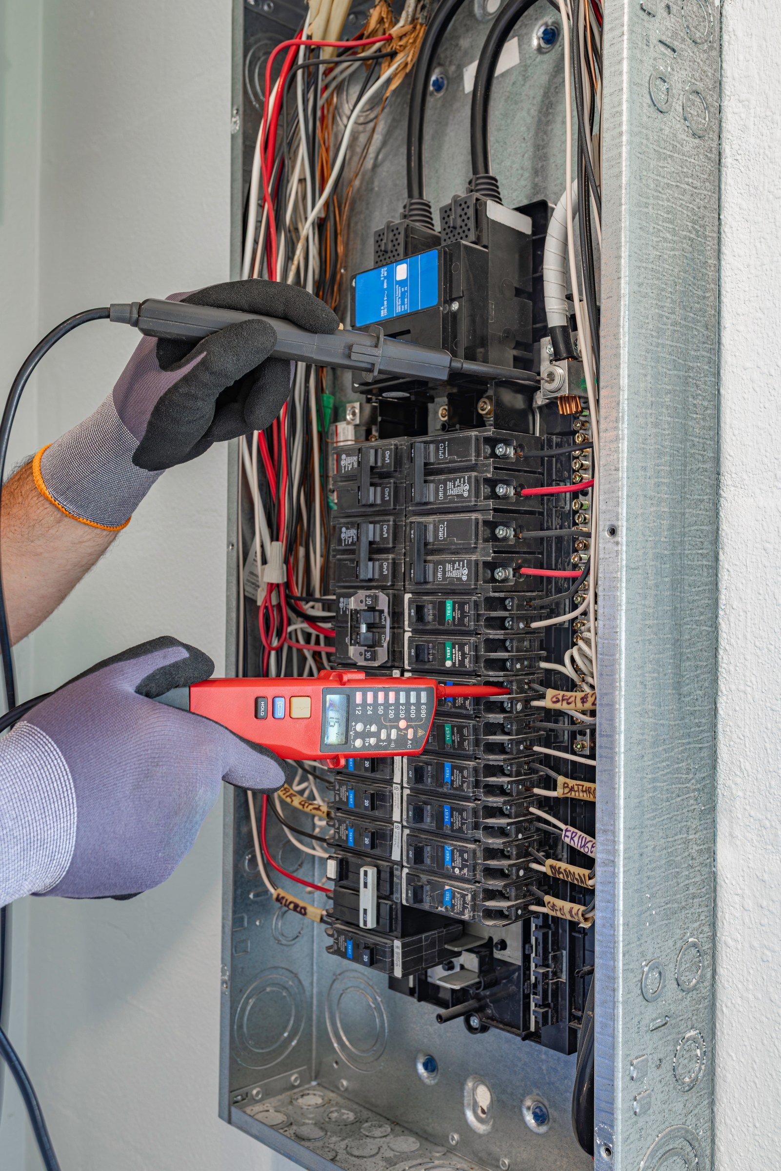 Electrical technician using a multimeter to test wires inside an open electrical panel box.