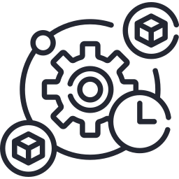 Illustration of a gear surrounded by a clock, 3 cubes, and a circular arrow, representing technology and time management.