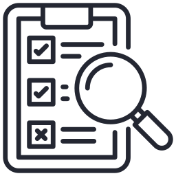 Checklist on a clipboard with a magnifying glass examining the items