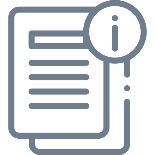Icon of a document with an information symbol in a circle attached to it, representing information or help.