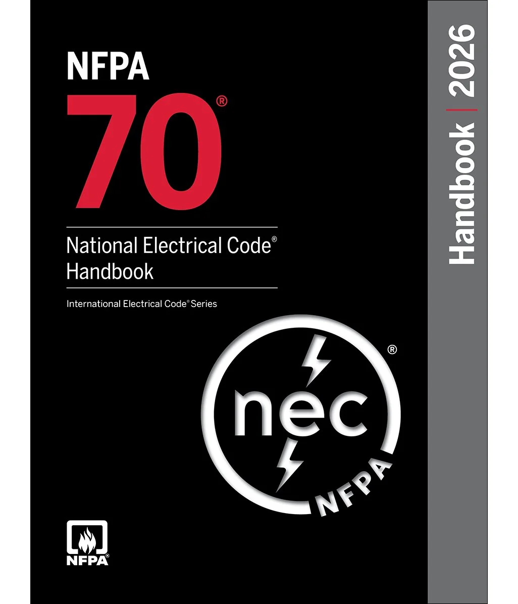 Cover of the NFPA 70 National Electrical Code Handbook 2026, with black background, red and white text, and an NFPA logo featuring a lightning bolt.