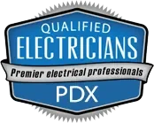 Badge reading 'Qualified Electricians PDX' with 'Premier electrical professionals' underneath.