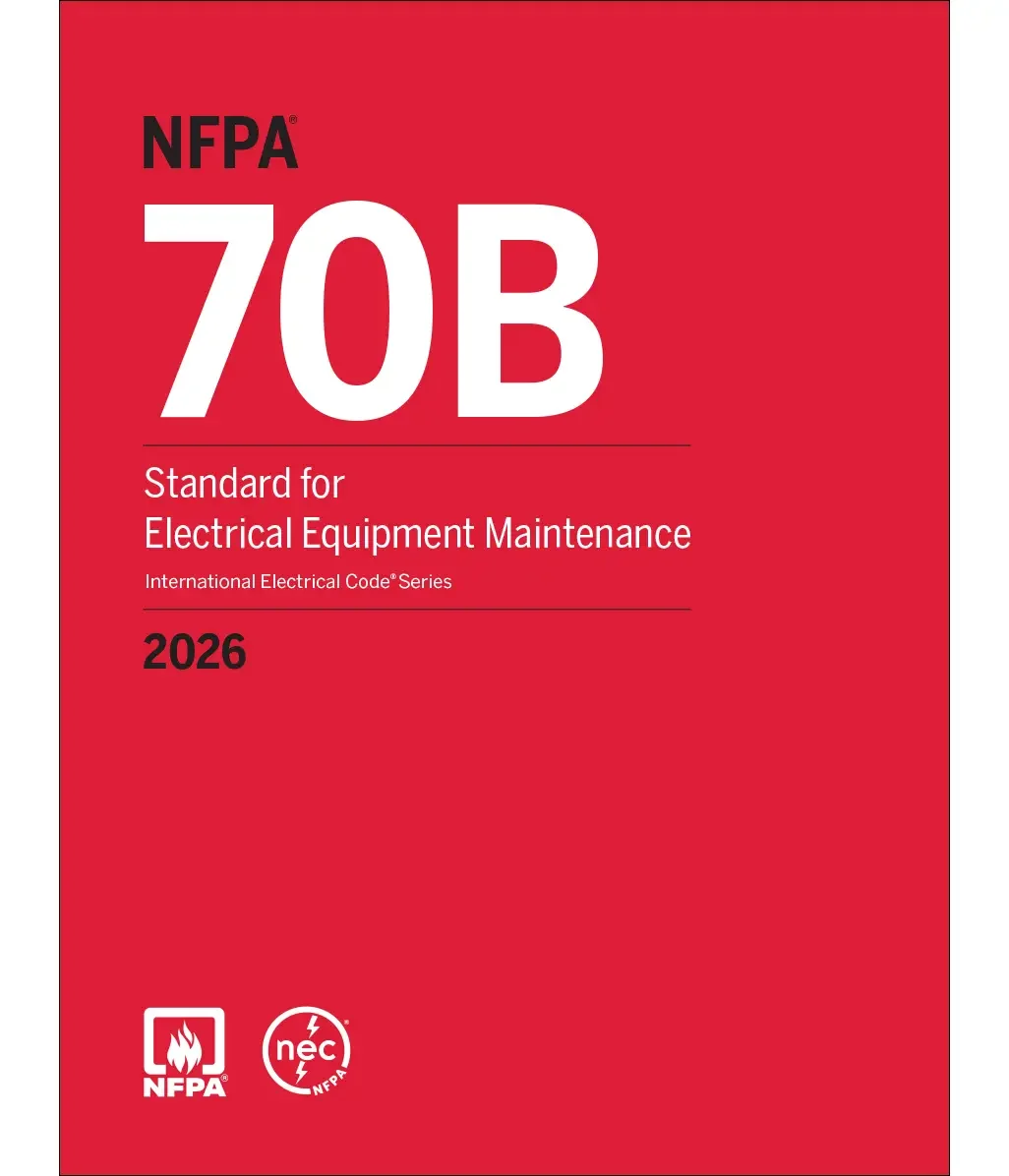 Cover of the NFPA 70B 2026 standard book for electrical equipment maintenance, with red background, NFPA and NEC logos at the bottom, and title text.