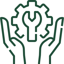 Outline of two hands holding a gear with a wrench and a light bulb inside, representing technical support or innovation.