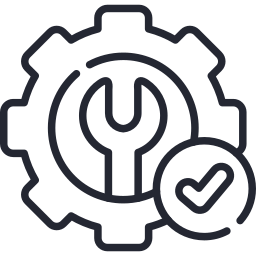 Icon of a gear with a wrench inside and a check mark in a circle, representing settings or system check.