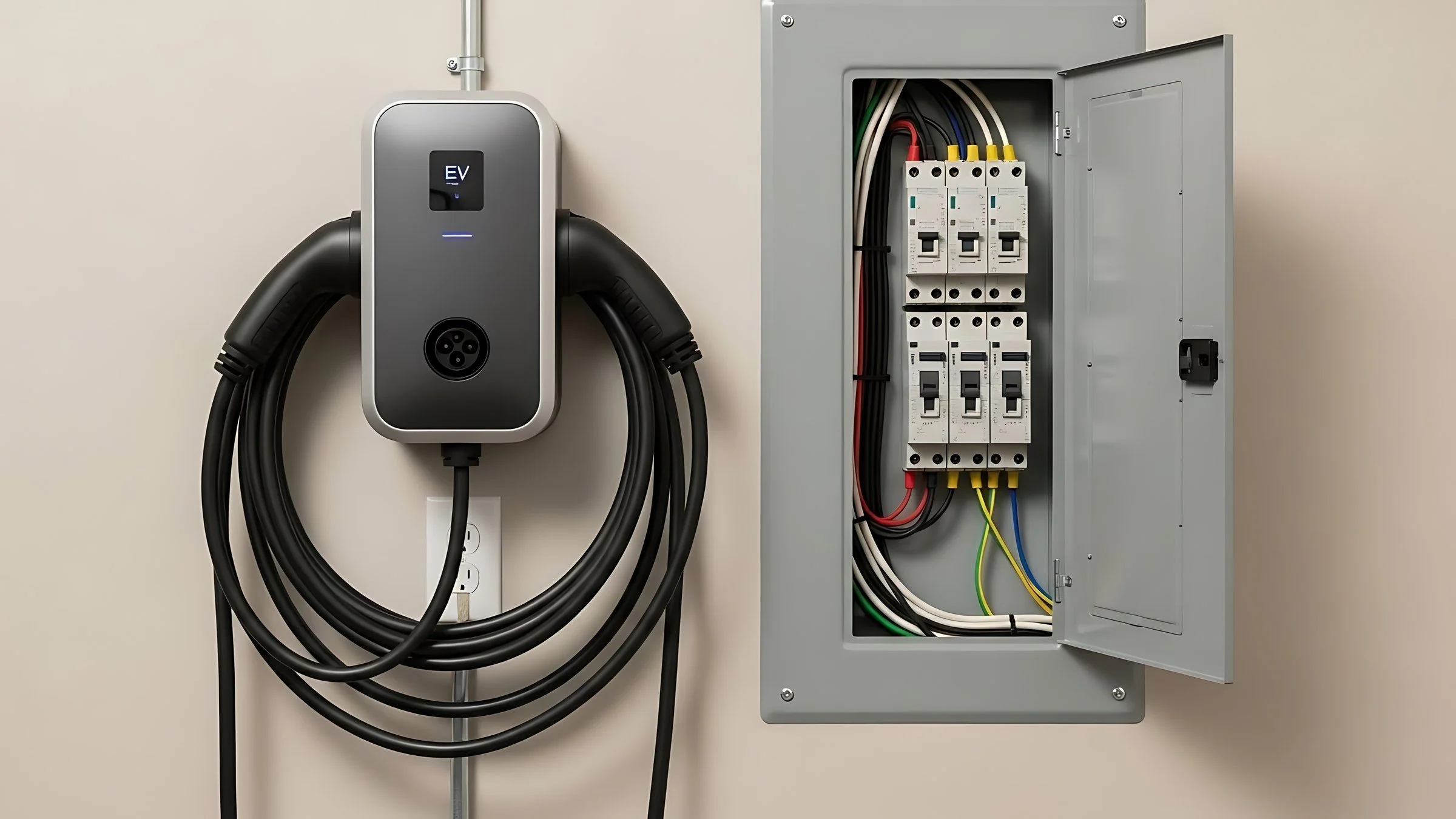 Electrical panel with wires and an electric vehicle charging station mounted on the wall.