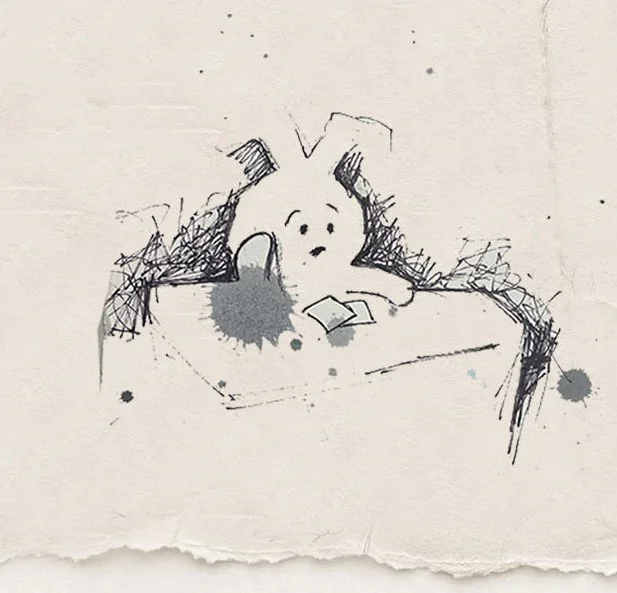 Sketch of a cute animal, possibly a bunny or rabbit, with a surprised expression, sitting at a table with some scattered papers and ink splatters.