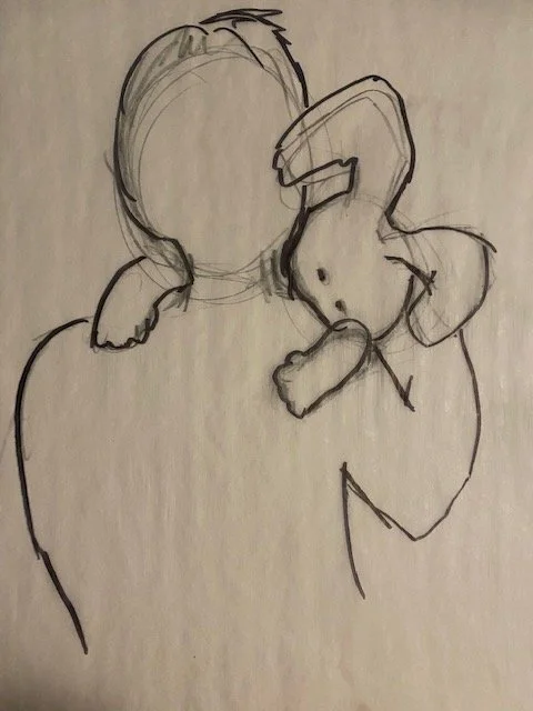 Sketch of a person holding a plush rabbit.