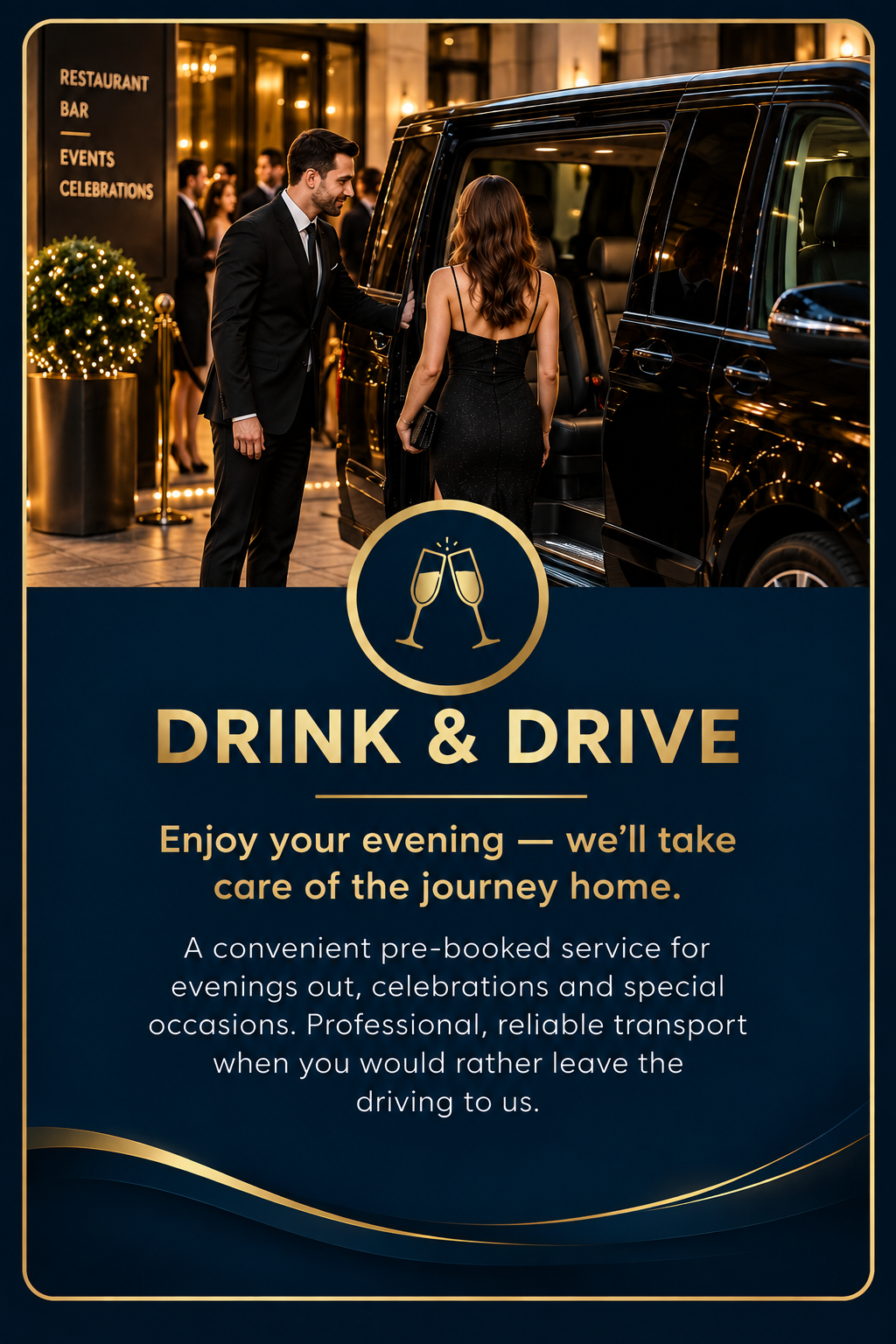 A man opens the door for a woman as she enters a luxury vehicle at a nighttime event. The background shows a decorated entrance with people dressed for a formal occasion, and a sign advertising a 'Drink & Drive' transportation service.