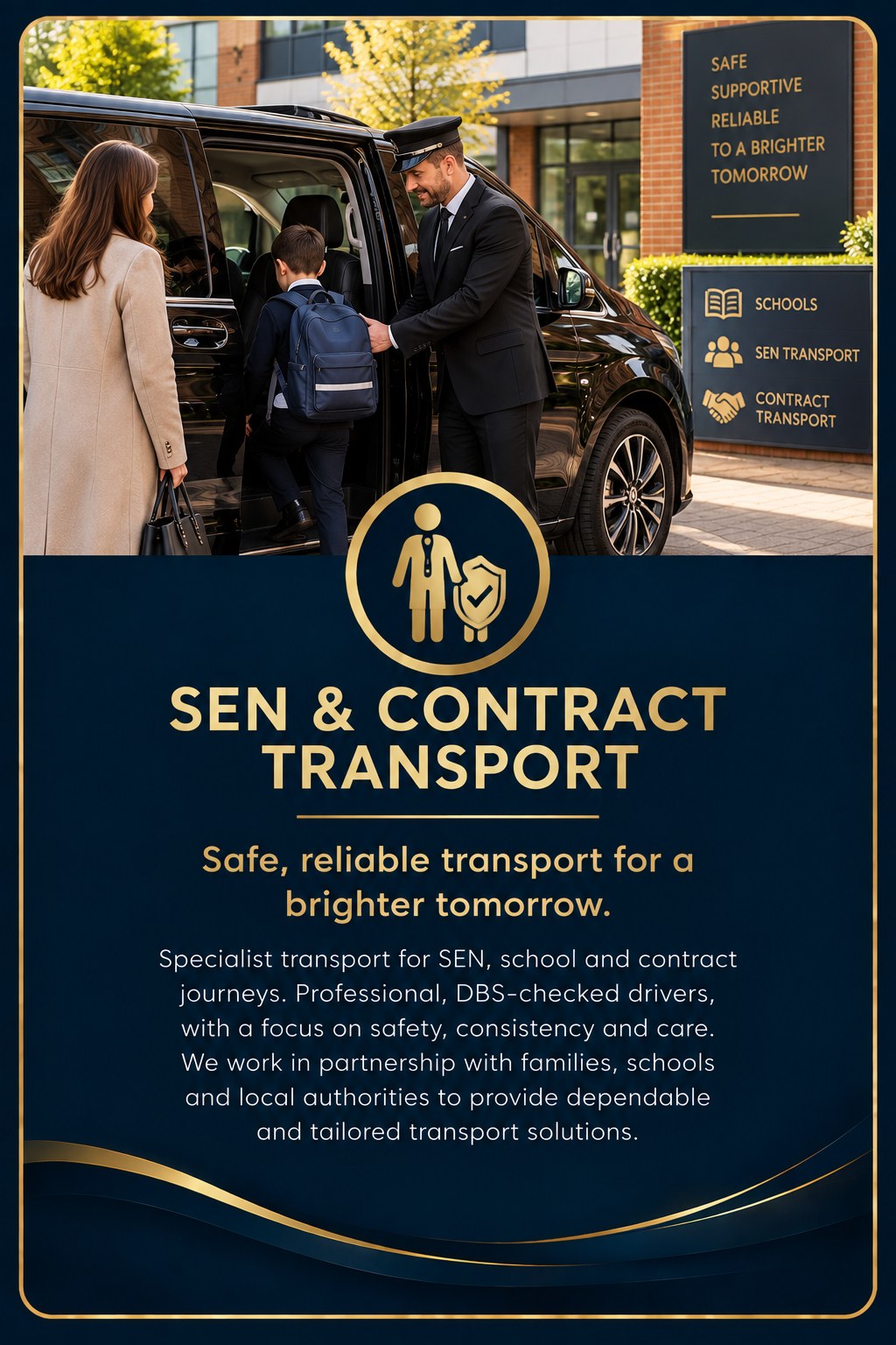 A woman and a child getting into a black van with a chauffeur dressed in a black suit and hat outside a school building. The scene is part of an advertisement for SEN and contract transport services emphasizing safety and reliability.