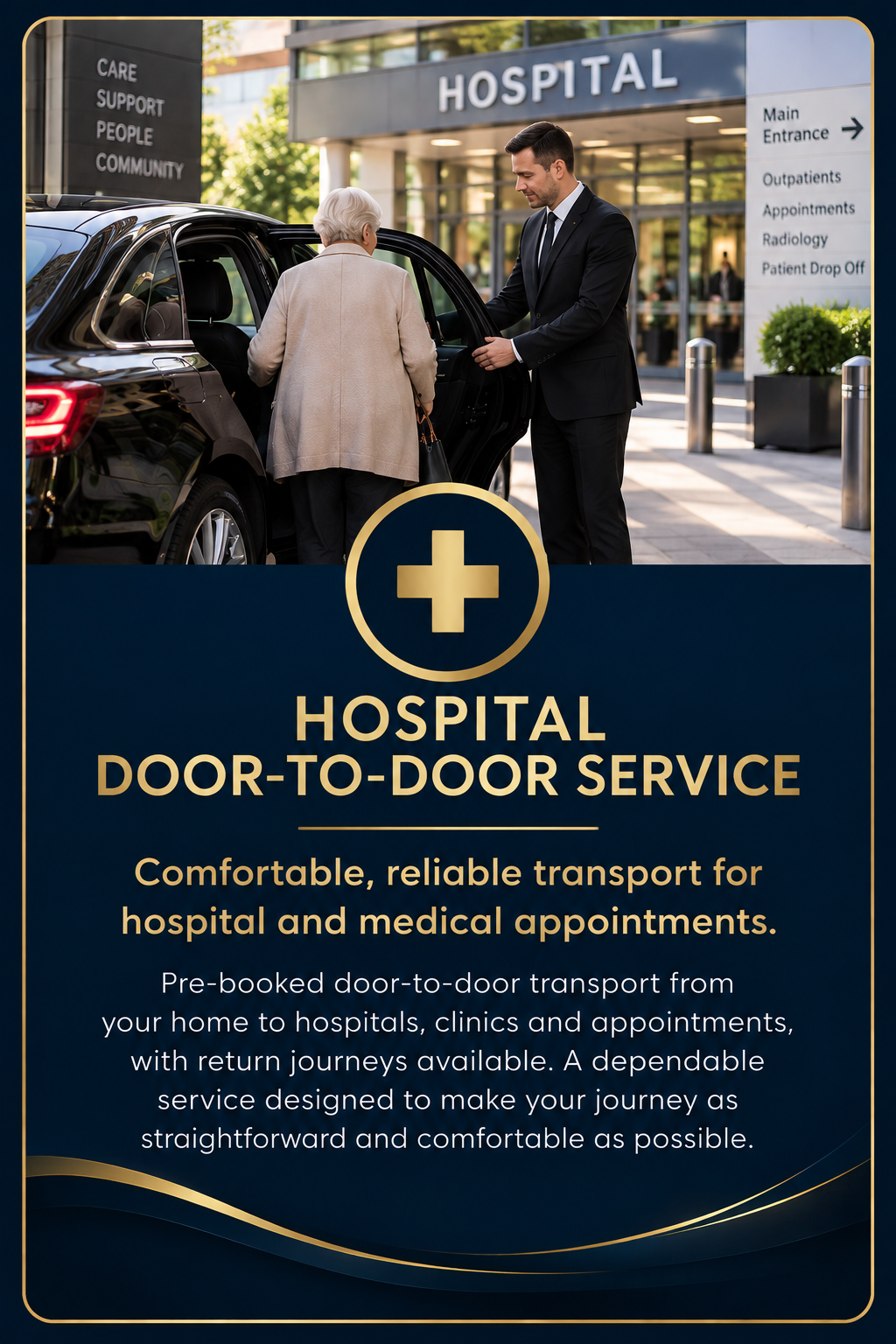 A man in a suit loading an elderly woman into a black car outside a hospital with a sign in the background indicating hospital services and entrances.