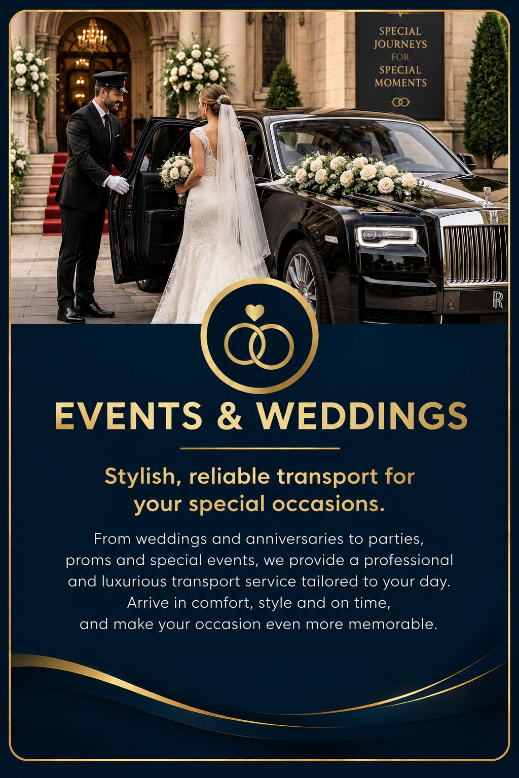 A bride in a white lace wedding dress with a veil receiving keys from a chauffeur in a black suit and cap next to a black luxury Rolls Royce decorated with white flowers, in front of a grand building with floral arrangements and a sign that reads "Special Journeys for Special Moments."
