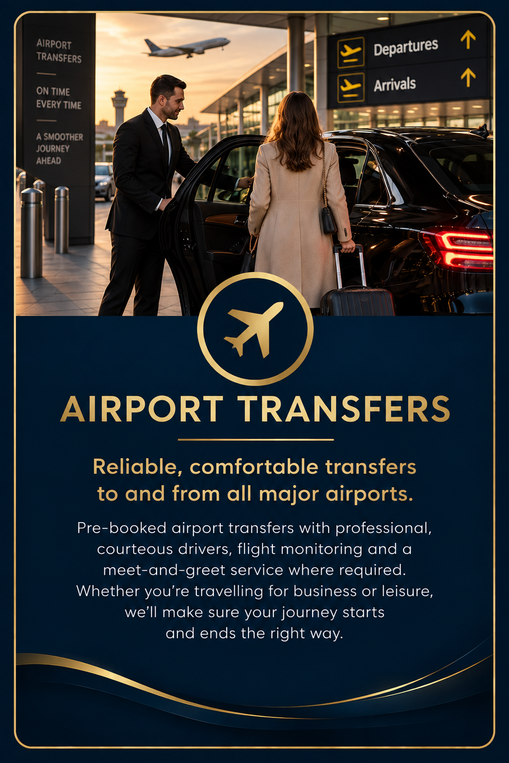 An airport scene at sunset showing a woman with a rolling suitcase and a chauffeur opening a luxury car door. In the background, an airplane takes off as indicated by signage for departures and arrivals at the airport.