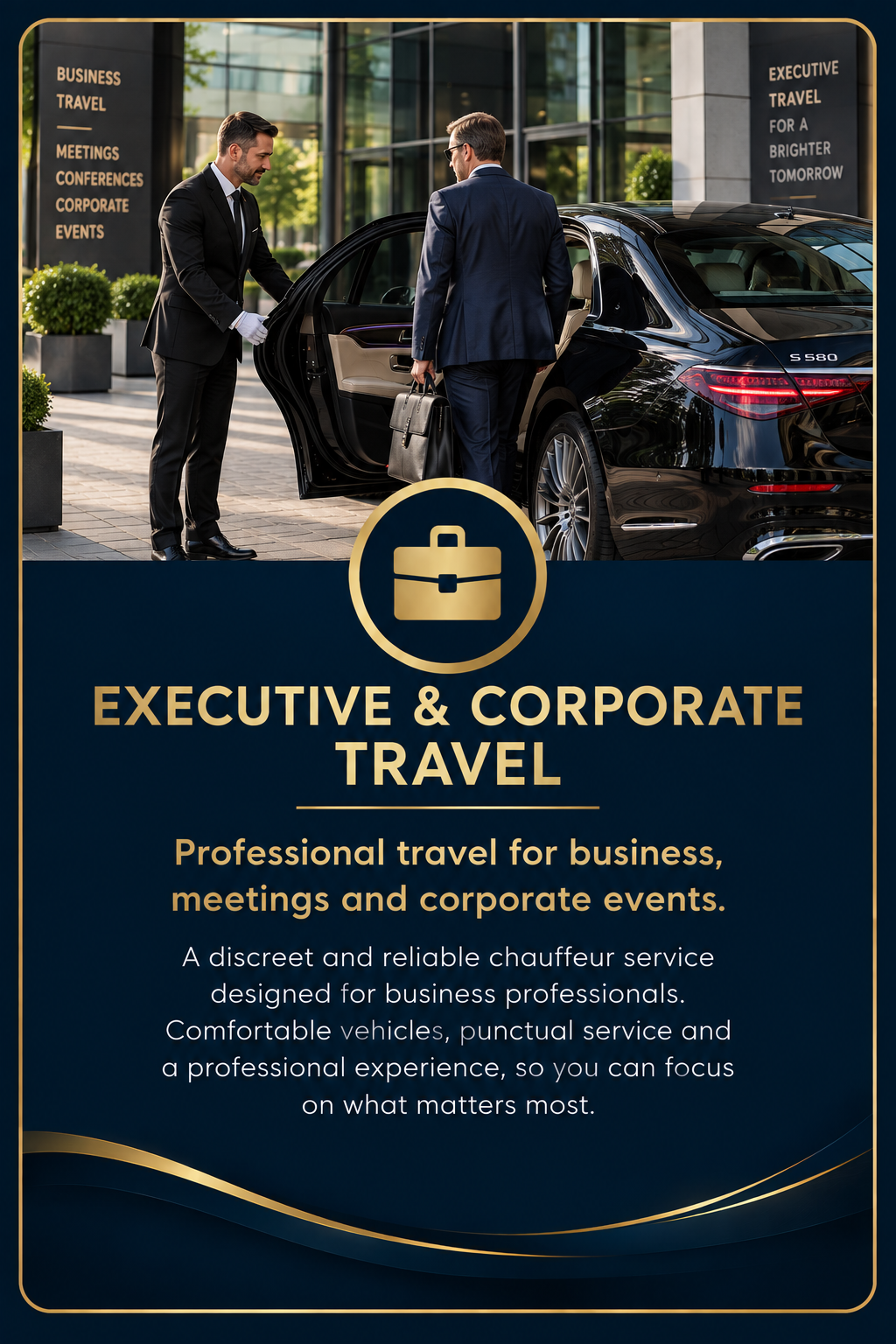 Two business professionals by a luxury black car outside an office building, with signs promoting executive travel and corporate events in the background.