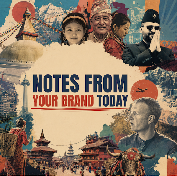 Promotional artwork for Notes from Nepal partnership and sponsorship opportunities featuring Kathmandu landmarks, Himalayan imagery, Nepalese culture, Prime Minister Balen Shah and podcast host Thomas Kilroy.
