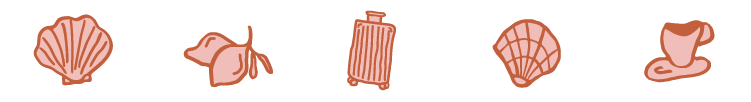 Five pink icons on a transparent background: a seashell, lemons, a suitcase, a fan-shaped shell, and a coffee cup on a saucer.