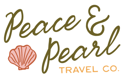 Peace and Pearl Travel Co. logo in a script font with a seashell icon next to it.