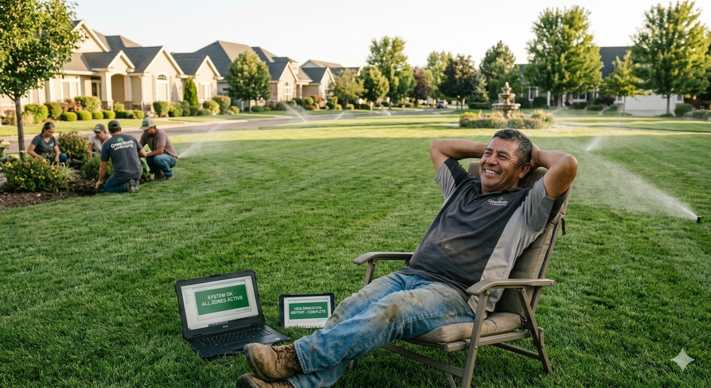 A man sitting in a lawn chair on a grassy area, smiling with arms behind his head, with a tablet and laptop nearby displaying system status messages. In the background, workers planting flowers and a neighborhood with houses and trees.