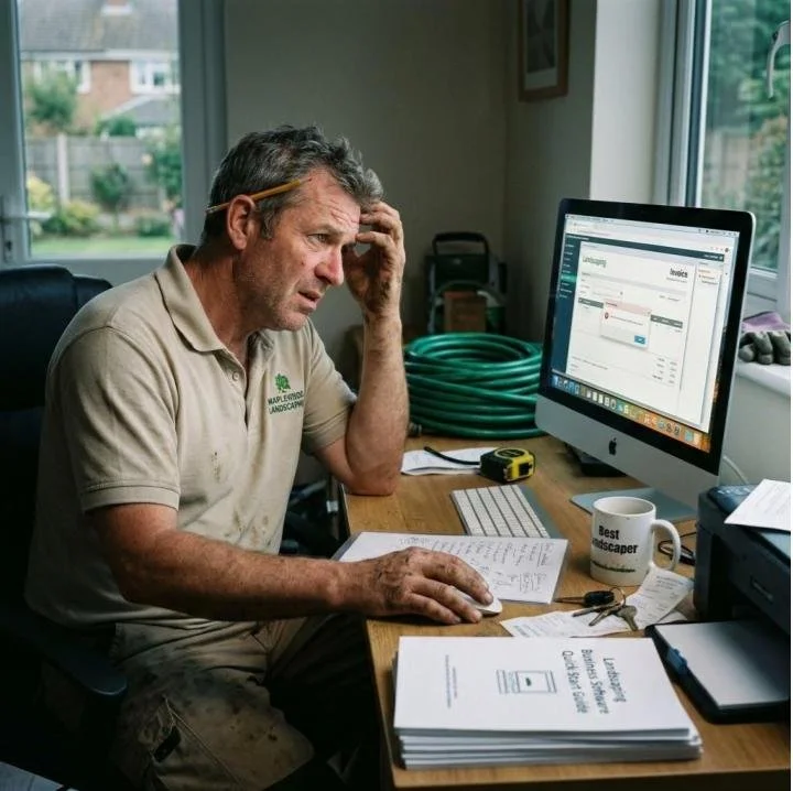 A man wearing a tan shirt and glasses resting on his head sits at a cluttered desk with papers, a mug, and a computer monitor showing a financial or billing webpage. He appears stressed or frustrated.
