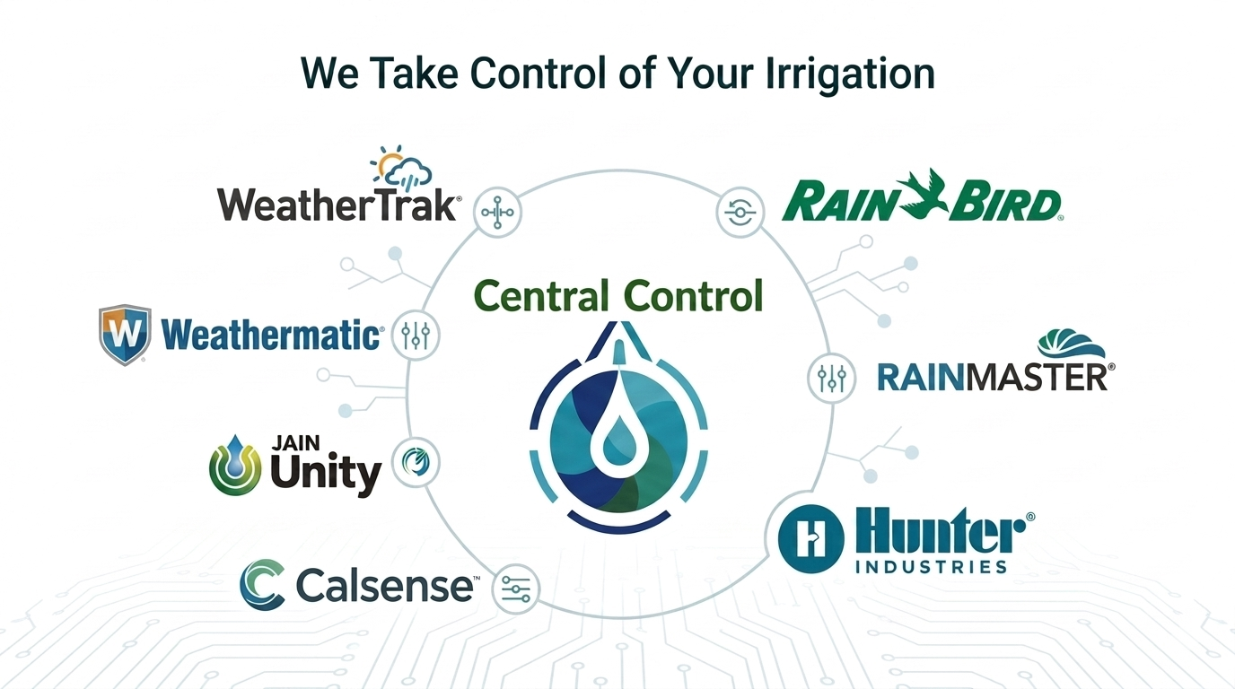 Diagram showing the company's control over irrigation systems with logos of WeatherTrak, Rain Bird, Weathermatic, RainMaster, Jain Unity, Hunter Industries, and Calsense arranged around a central water droplet icon labeled 'Central Control'. The title reads 'We Take Control of Your Irrigation'.