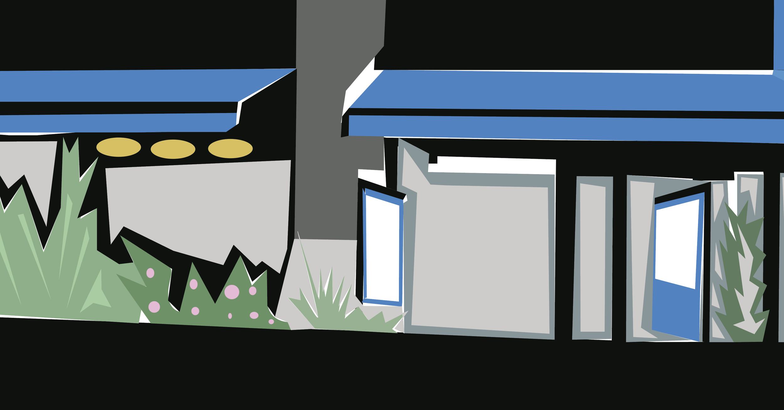 Illustration of a modern building with large windows, surrounded by plants and grass, with blue and gray exterior walls.