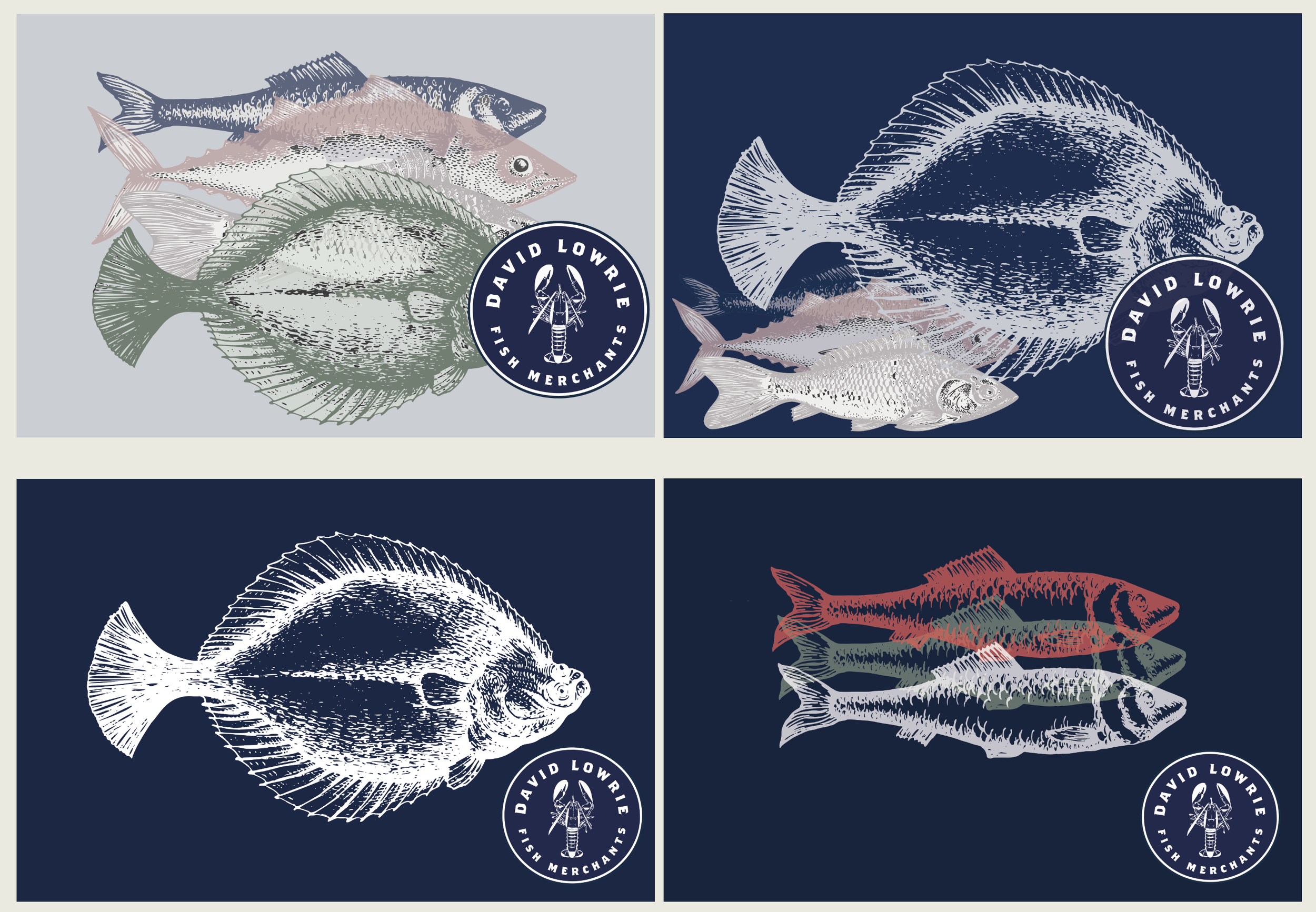Four panels, each showing a vintage-style illustration of different fish, with a round logo of 'David Lowrie Fish Merchants' featuring a lobster in the center, placed on three of the panels.
