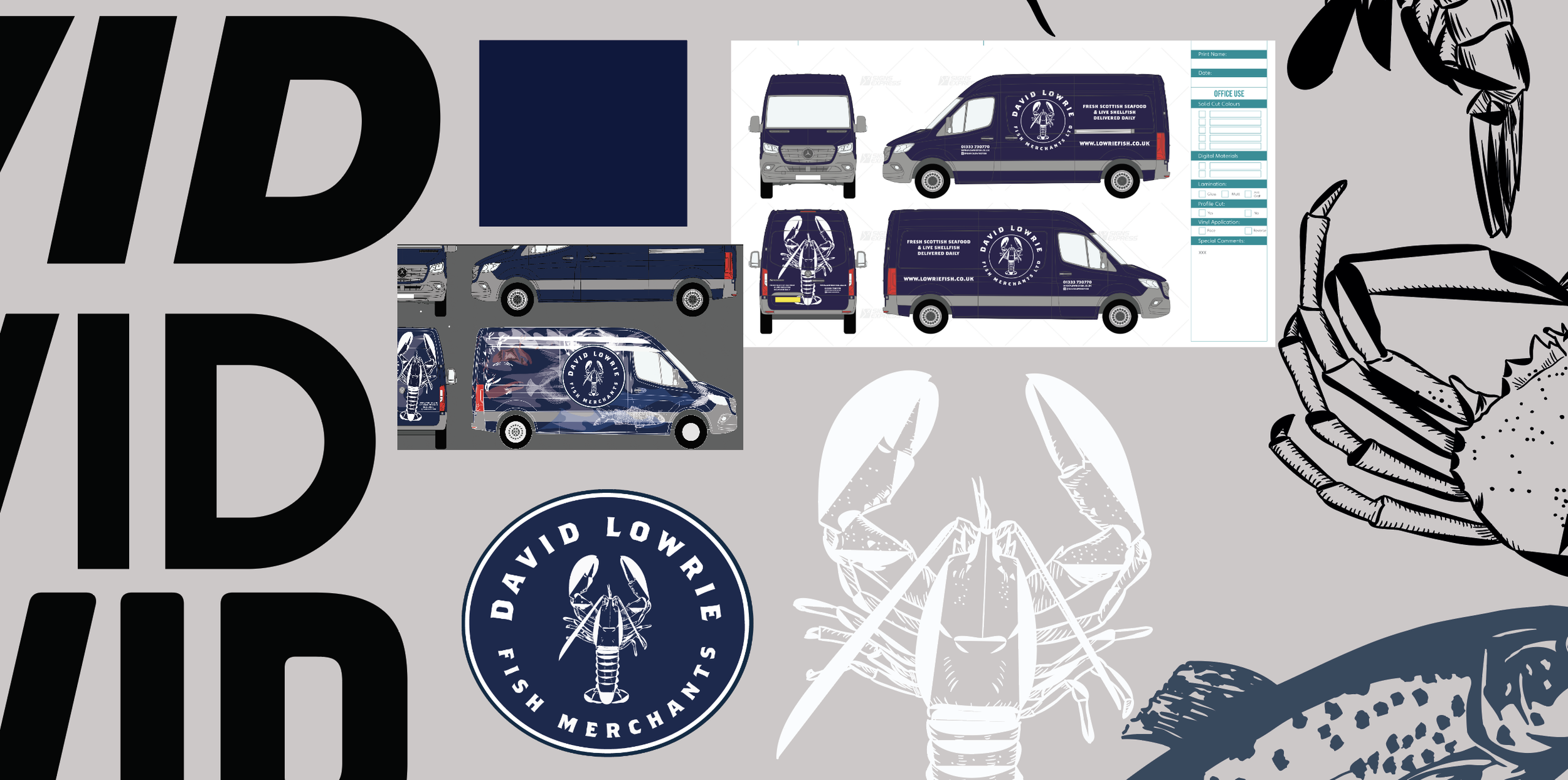 Designs of vehicle decals for a fish merchant business, including van illustrations, logo with lobster, and seafood-themed graphics, with environmental and product branding.