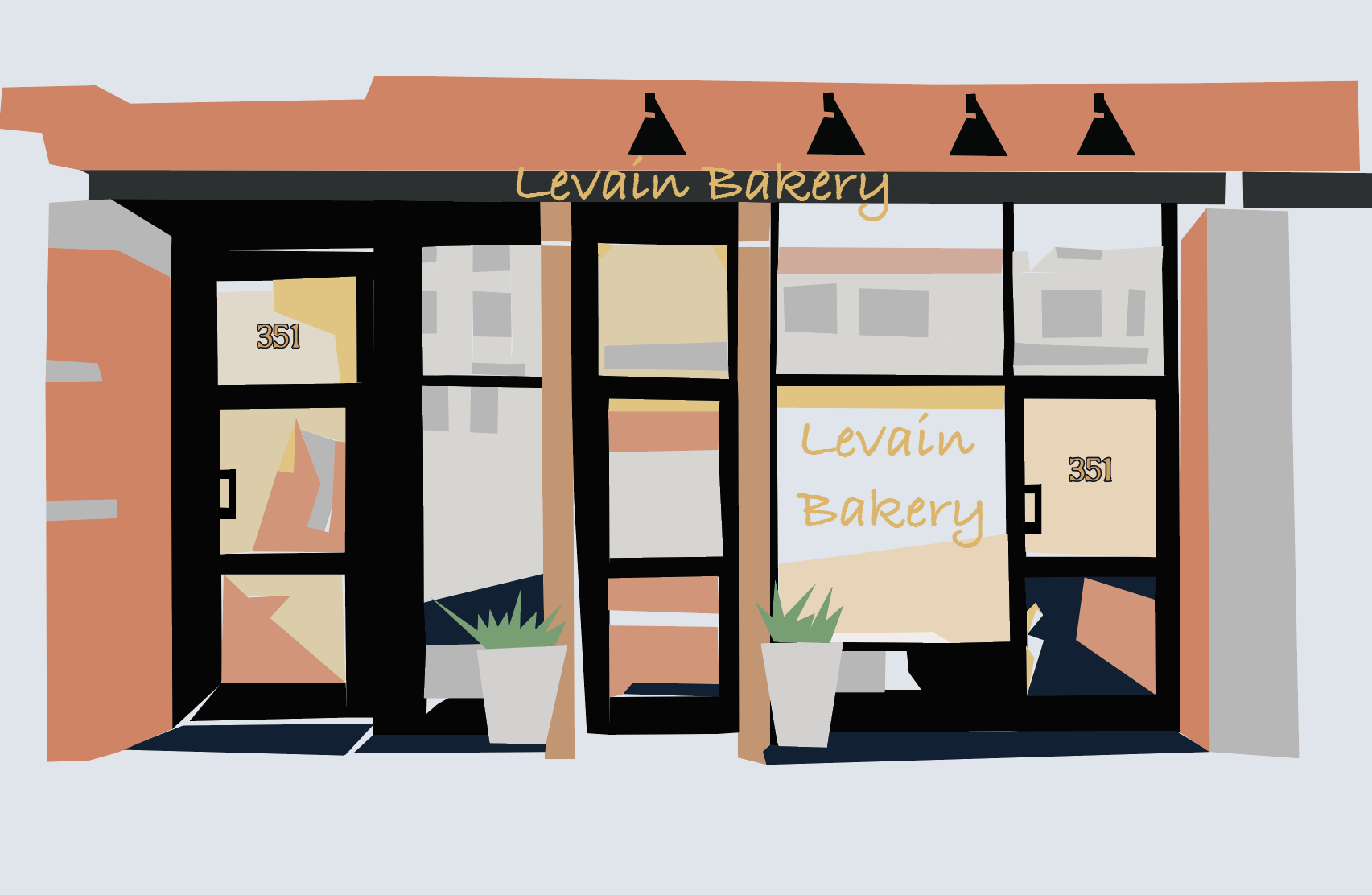 Cartoon illustration of the storefront of Levain Bakery with large glass windows and a black door, two white planters with green plants outside, and the bakery's signage on the windows and above the entrance.